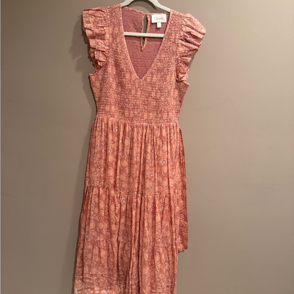 Cleobella brand pink floral tiered maxi dress in pristine condition, size large